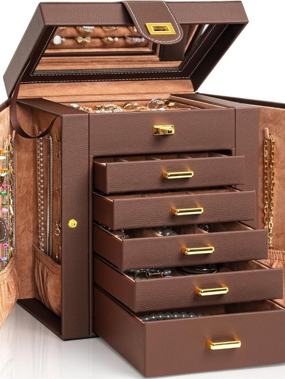 6-Tier Jewelry Box Organizer 5 Drawers Storage Brown Regular